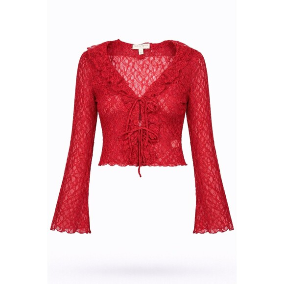 Thirty Thirty LA Tops - Thirty Thirty LA Red Lace Ruffle Tie Front Top Bell Sleeve Sheer Coquette NWT